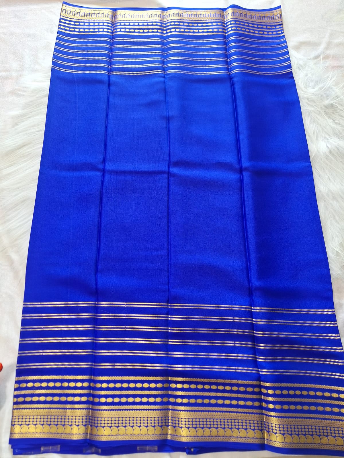 Pure Mysore Crepe Silk - Royal Blue designer lines pattern