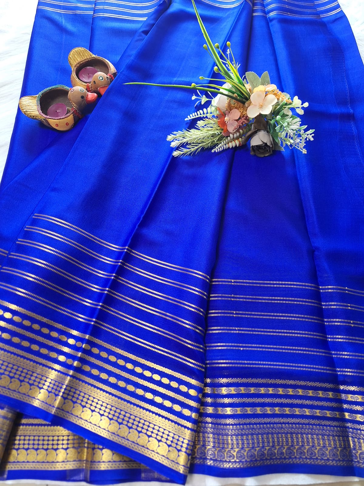 Pure Mysore Crepe Silk - Royal Blue designer lines pattern