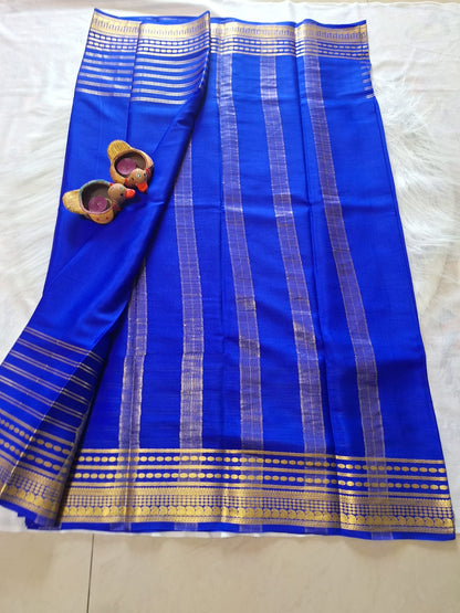 Pure Mysore Crepe Silk - Royal Blue designer lines pattern