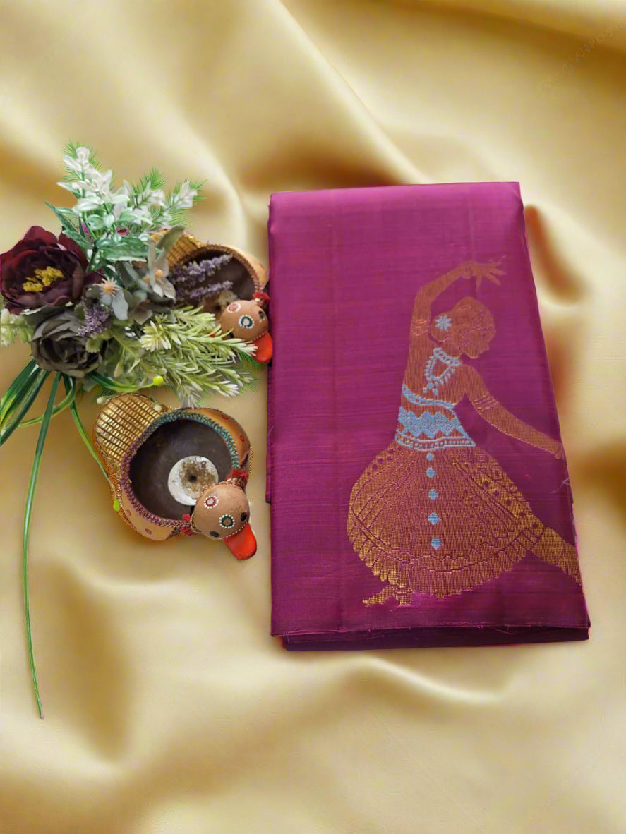 Pure Handloom Kanjeevaram Silk - Majenta Pink Dancing Doll with big designer butas