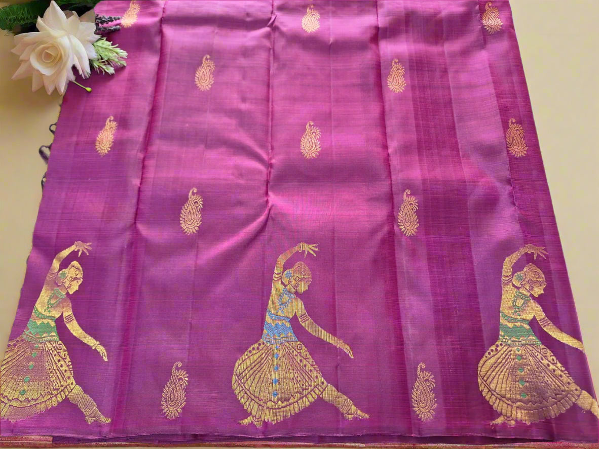 Pure Handloom Kanjeevaram Silk - Majenta Pink Dancing Doll with big designer butas