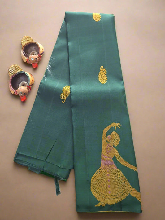 Pure Handloom Kanjeevaram Silk - Bottle Green Dancing doll with big designer bootas