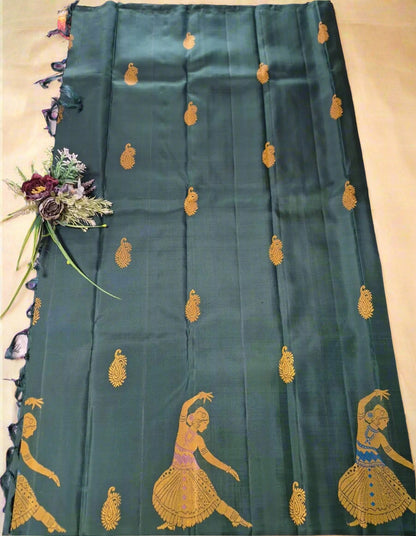 Pure Handloom Kanjeevaram Silk - Bottle Green Dancing doll with big designer bootas