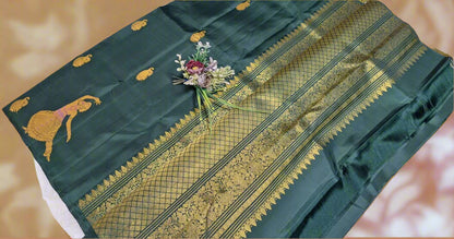 Pure Handloom Kanjeevaram Silk - Bottle Green Dancing doll with big designer bootas