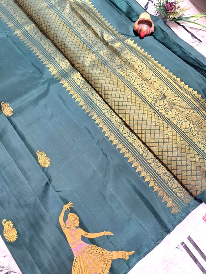 Pure Handloom Kanjeevaram Silk - Bottle Green Dancing doll with big designer bootas