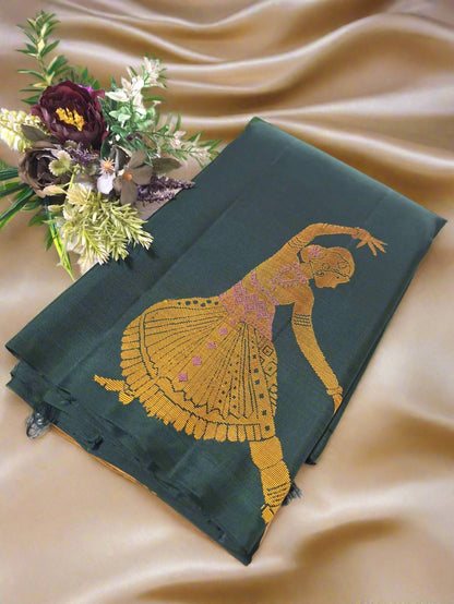 Pure Handloom Kanjeevaram Silk - Bottle Green Dancing doll with big designer bootas