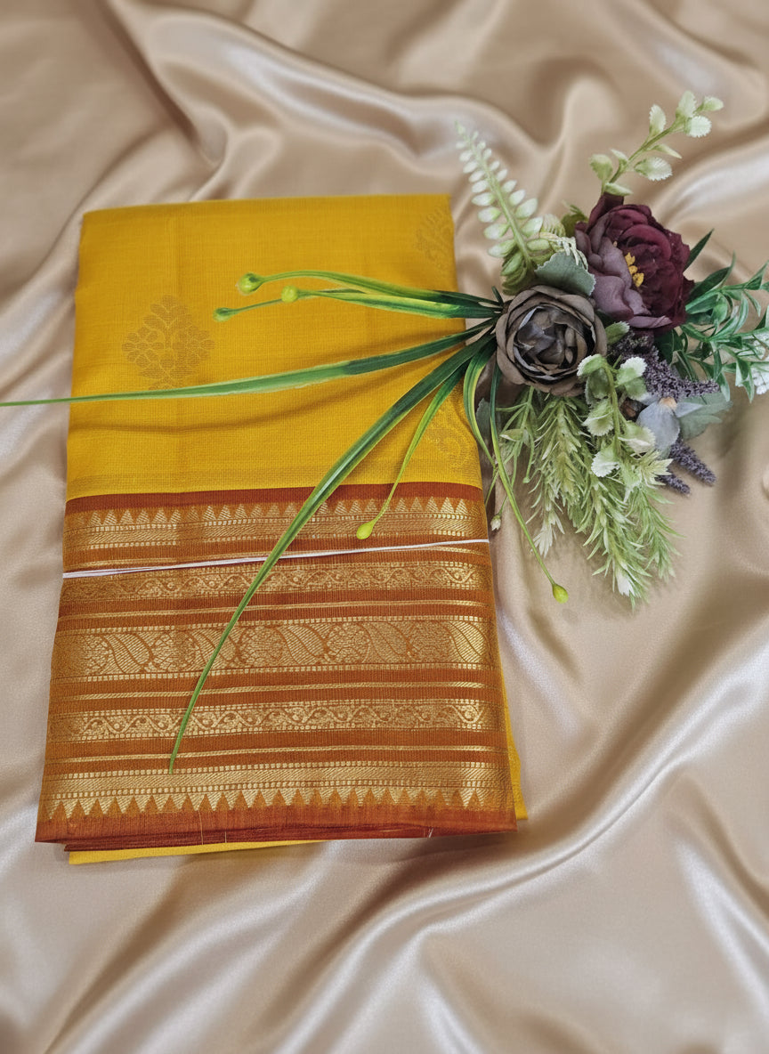 Pure Kanjeevaram Silk - Amber Yellow & Brick Red diamond shape flower boota