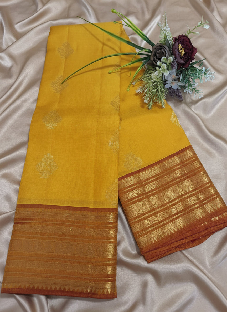 Pure Kanjeevaram Silk - Amber Yellow & Brick Red diamond shape flower boota