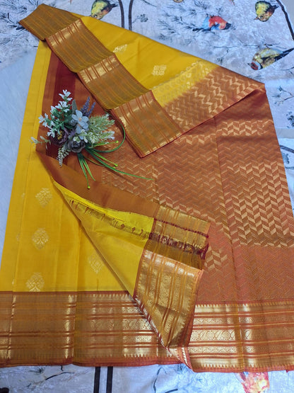 Pure Kanjeevaram Silk - Amber Yellow & Brick Red diamond shape flower boota