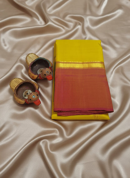 Pure Handloom Kanjeevaram Silk - Yellow with Ganga Jamuna Zari border
