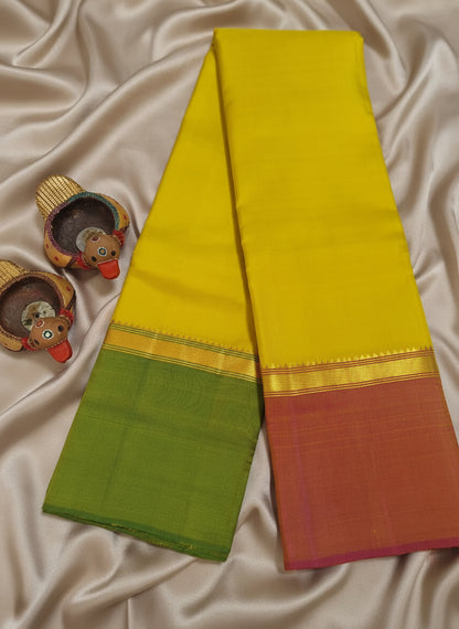 Pure Handloom Kanjeevaram Silk - Yellow with Ganga Jamuna Zari border