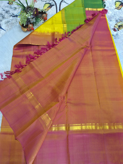 Pure Handloom Kanjeevaram Silk - Yellow with Ganga Jamuna Zari border