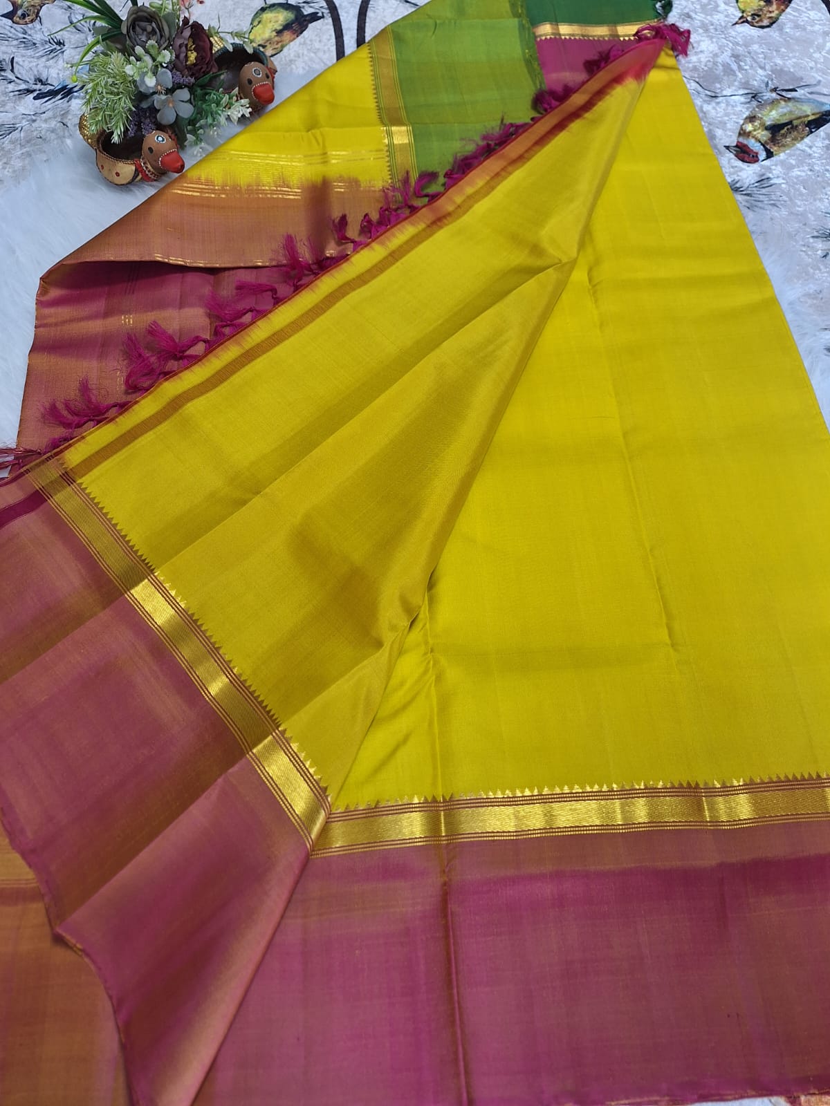 Pure Handloom Kanjeevaram Silk - Yellow with Ganga Jamuna Zari border