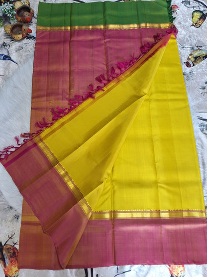 Pure Handloom Kanjeevaram Silk - Yellow with Ganga Jamuna Zari border