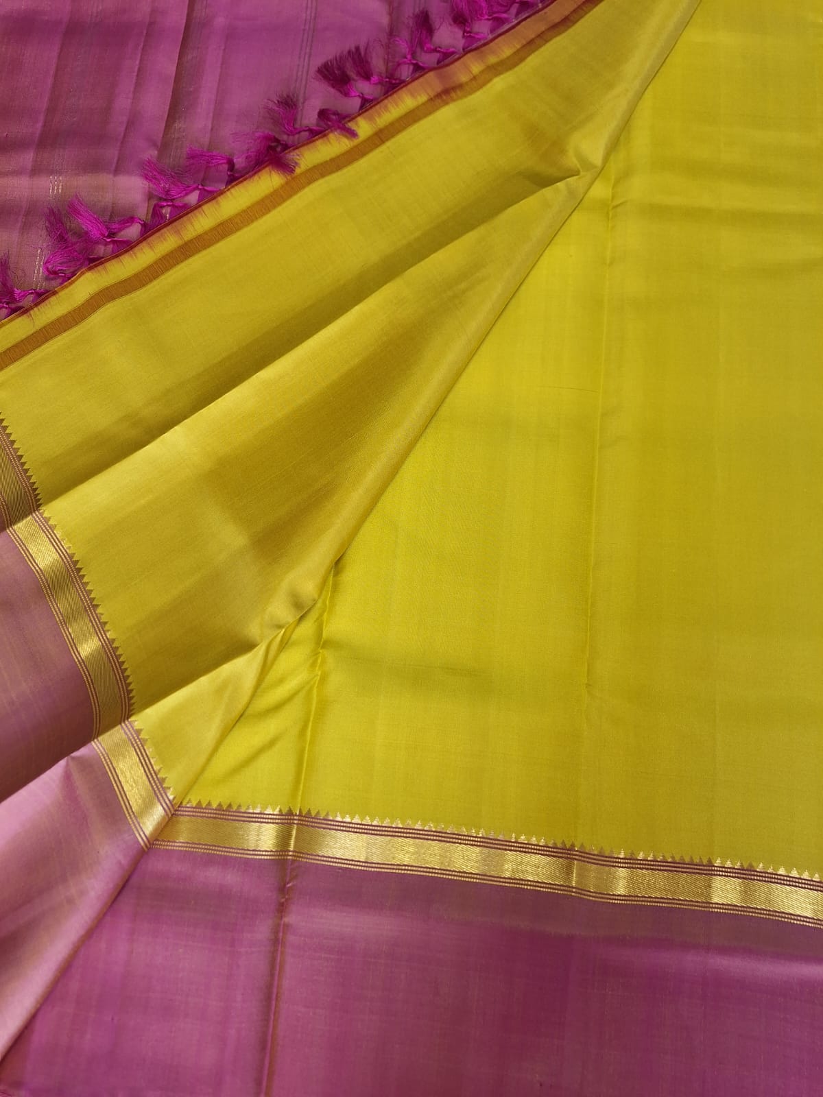 Pure Handloom Kanjeevaram Silk - Yellow with Ganga Jamuna Zari border