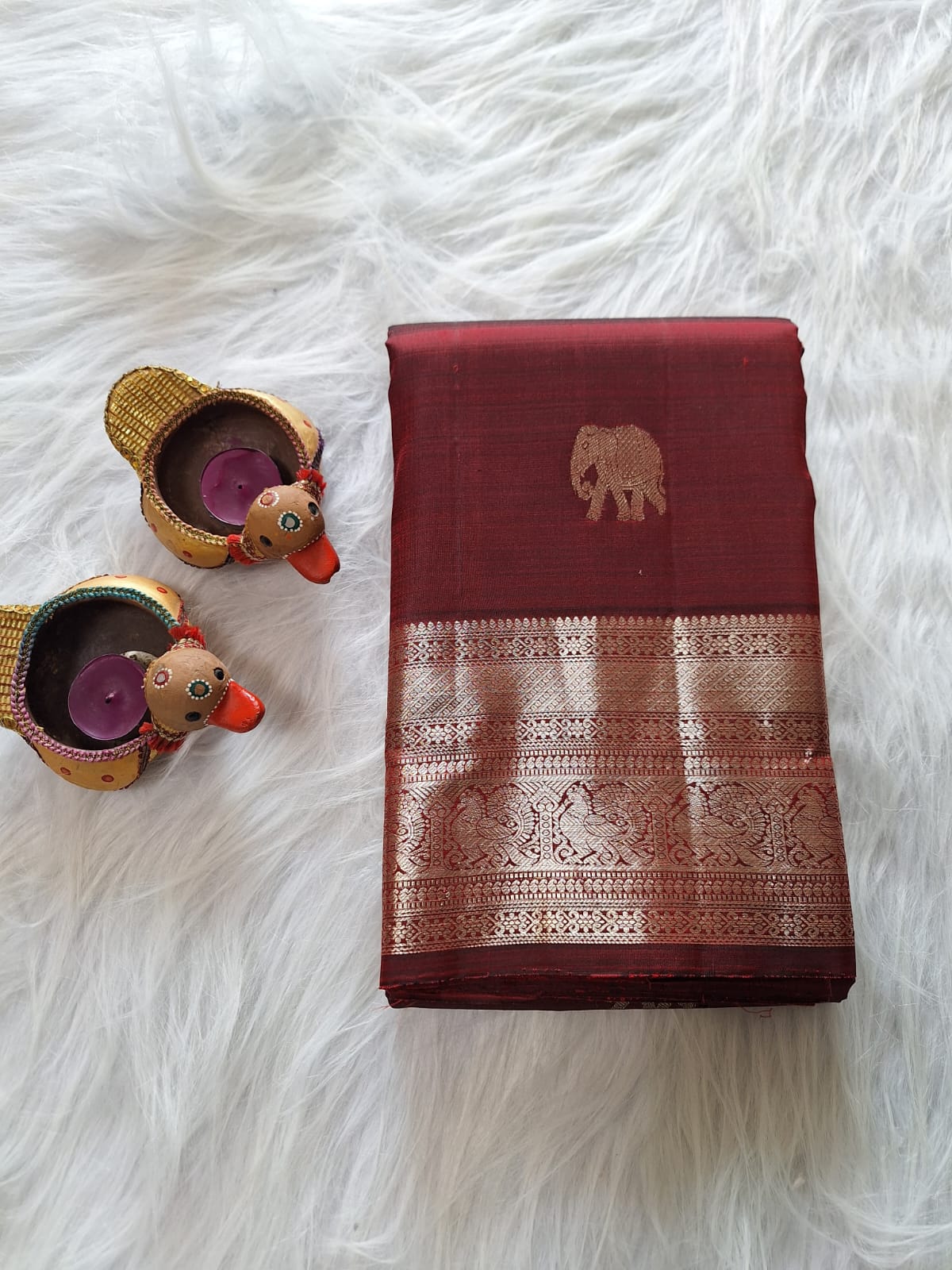 Pure Handloom Kanjeevaram Silk - Maroon & big Golden Elephant Motifs