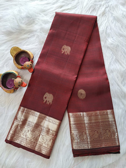 Pure Handloom Kanjeevaram Silk - Maroon & big Golden Elephant Motifs