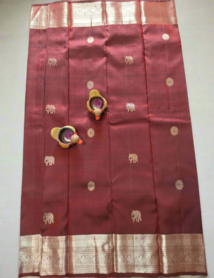 Pure Handloom Kanjeevaram Silk - Maroon & big Golden Elephant Motifs