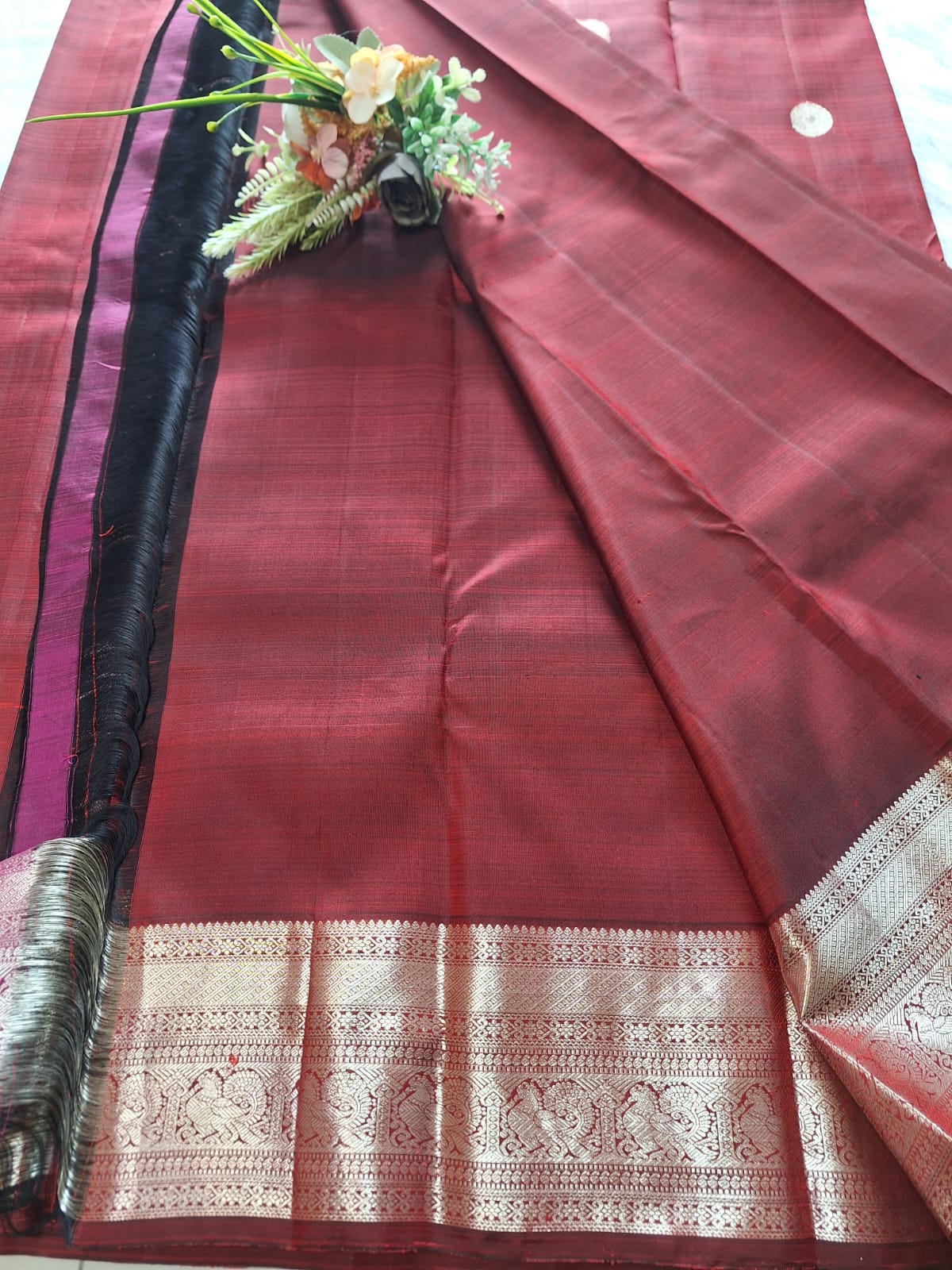 Pure Handloom Kanjeevaram Silk - Maroon & big Golden Elephant Motifs