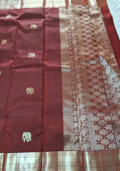 Pure Handloom Kanjeevaram Silk - Maroon & big Golden Elephant Motifs