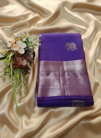 Pure Handloom Kanjeevaram-Electric Purple with silver Elephant Motifs