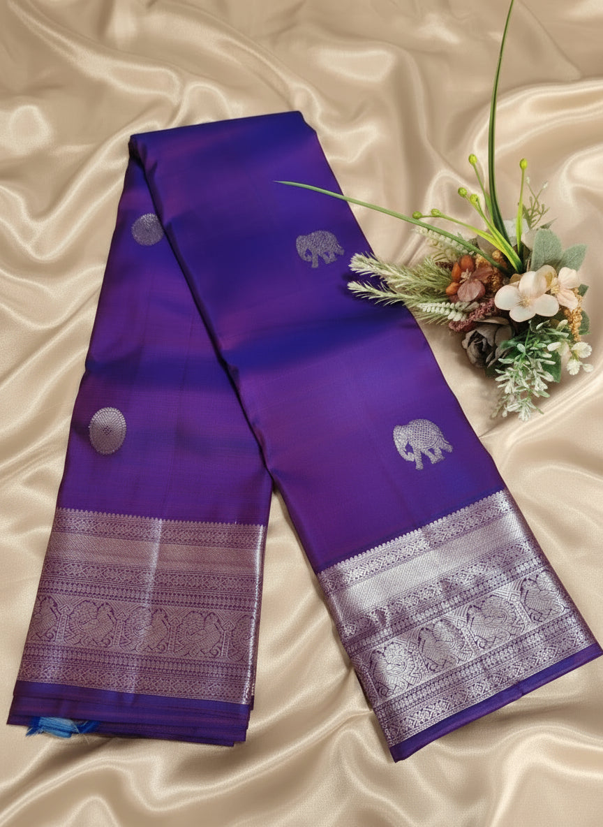 Pure Handloom Kanjeevaram-Electric Purple with silver Elephant Motifs