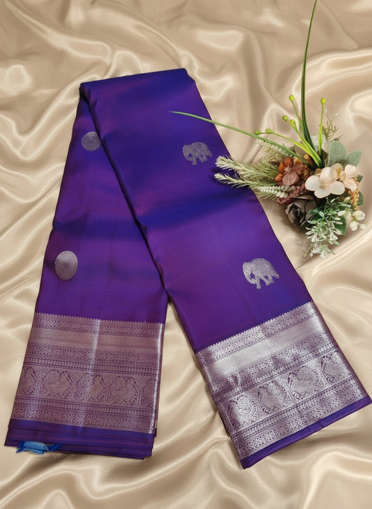 Pure Handloom Kanjeevaram-Electric Purple with silver Elephant Motifs