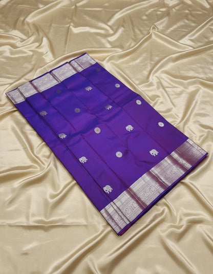 Pure Handloom Kanjeevaram-Electric Purple with silver Elephant Motifs