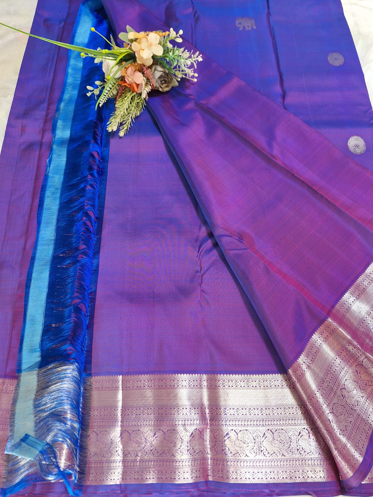 Pure Handloom Kanjeevaram-Electric Purple with silver Elephant Motifs