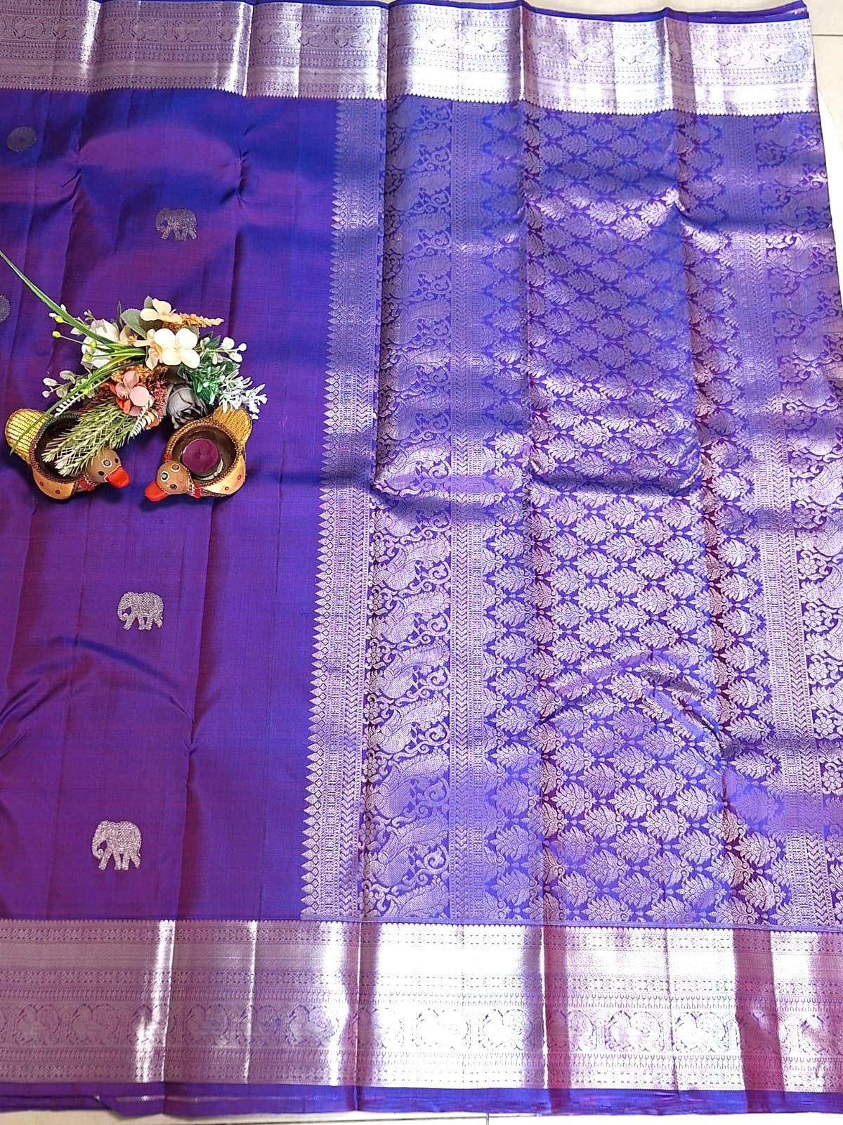 Pure Handloom Kanjeevaram-Electric Purple with silver Elephant Motifs