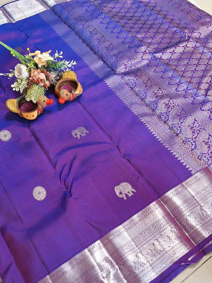 Pure Handloom Kanjeevaram-Electric Purple with silver Elephant Motifs