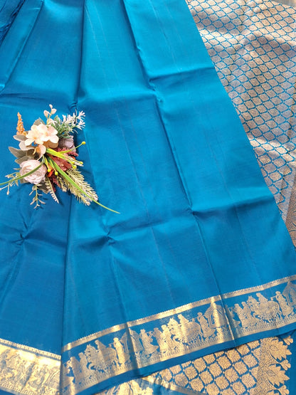 Pure Handloom Kanjeevaram Silk - Azure Blue marriage theme with golden zari border