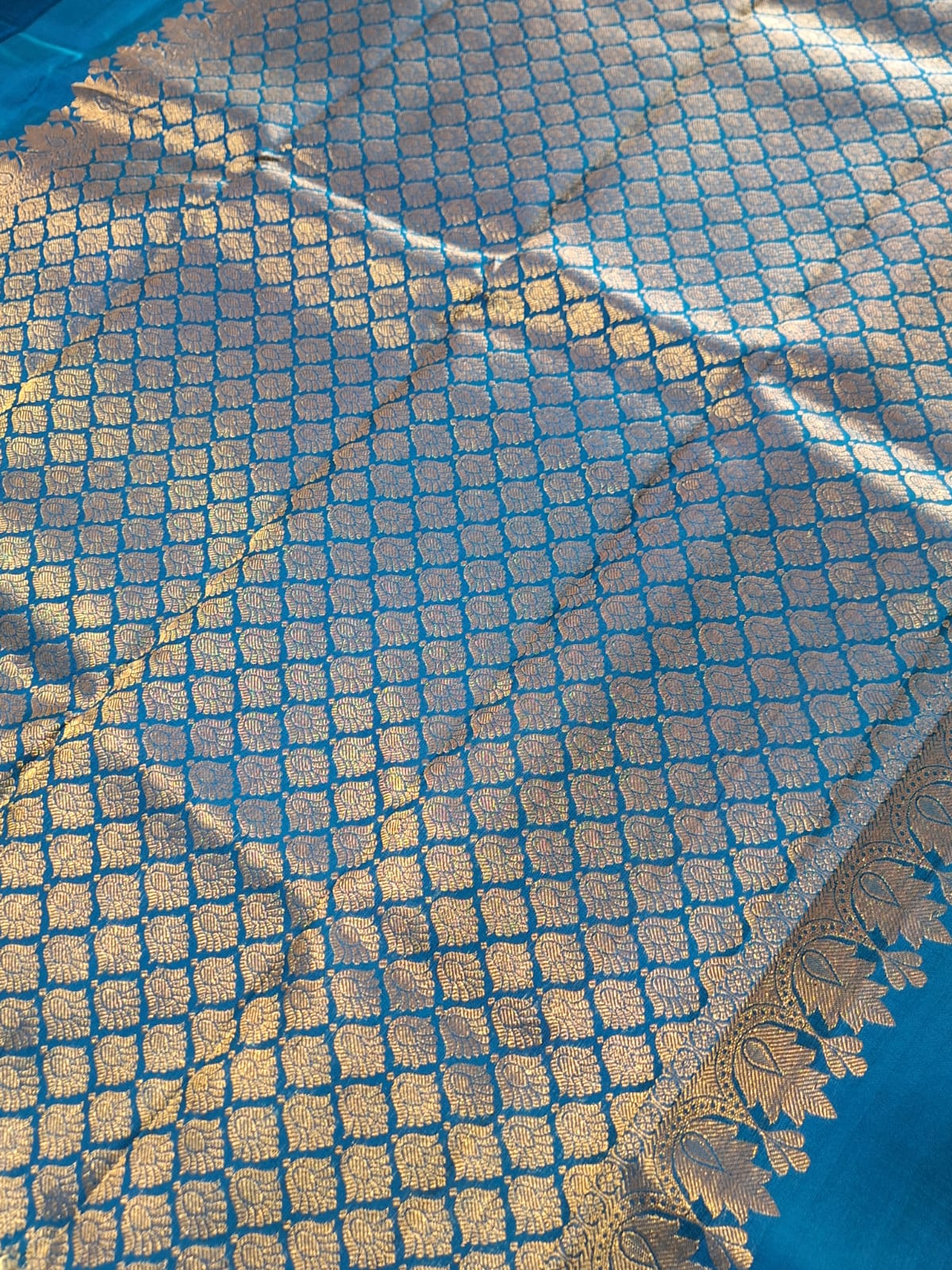 Pure Handloom Kanjeevaram Silk - Azure Blue marriage theme with golden zari border