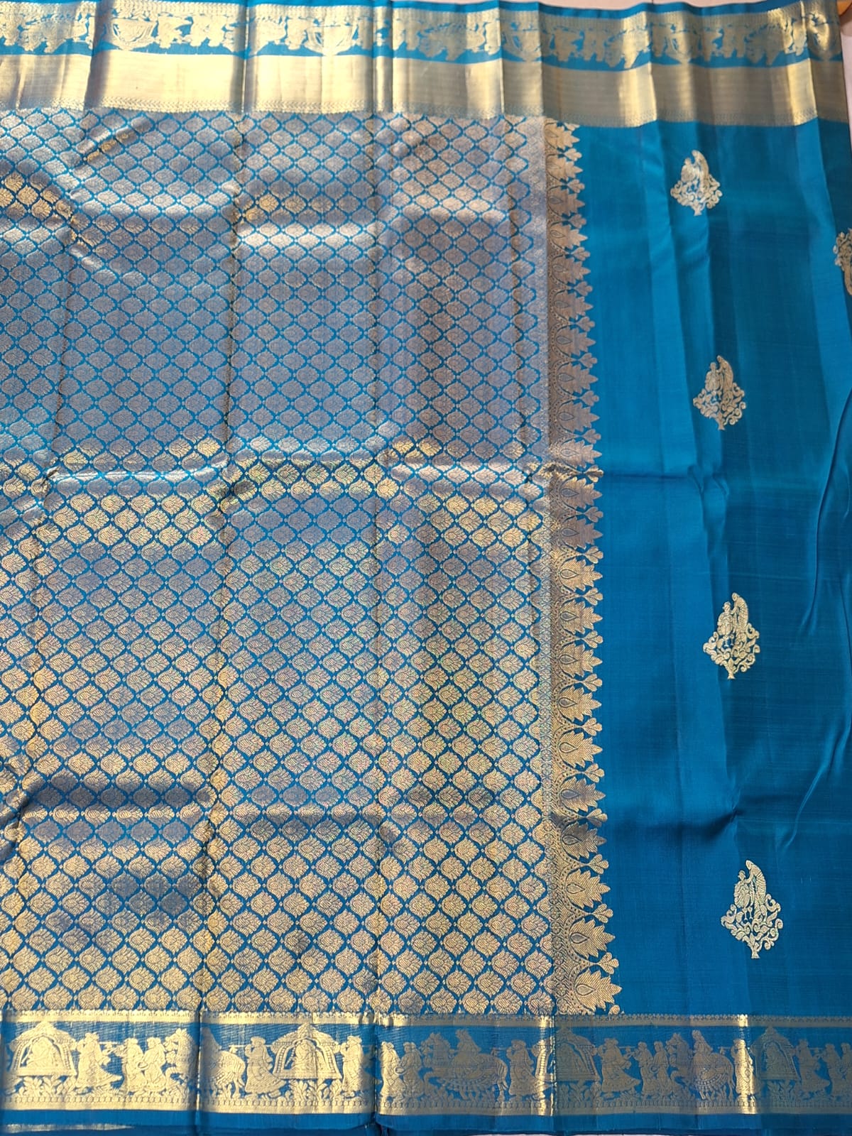 Pure Handloom Kanjeevaram Silk - Azure Blue marriage theme with golden zari border
