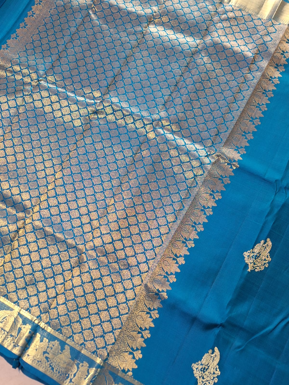 Pure Handloom Kanjeevaram Silk - Azure Blue marriage theme with golden zari border