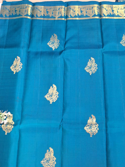 Pure Handloom Kanjeevaram Silk - Azure Blue marriage theme with golden zari border