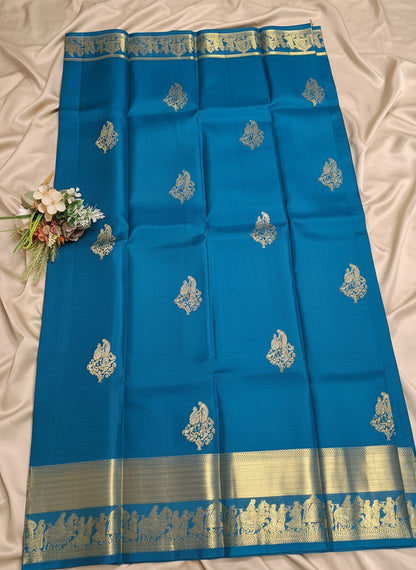 Pure Handloom Kanjeevaram Silk - Azure Blue marriage theme with golden zari border