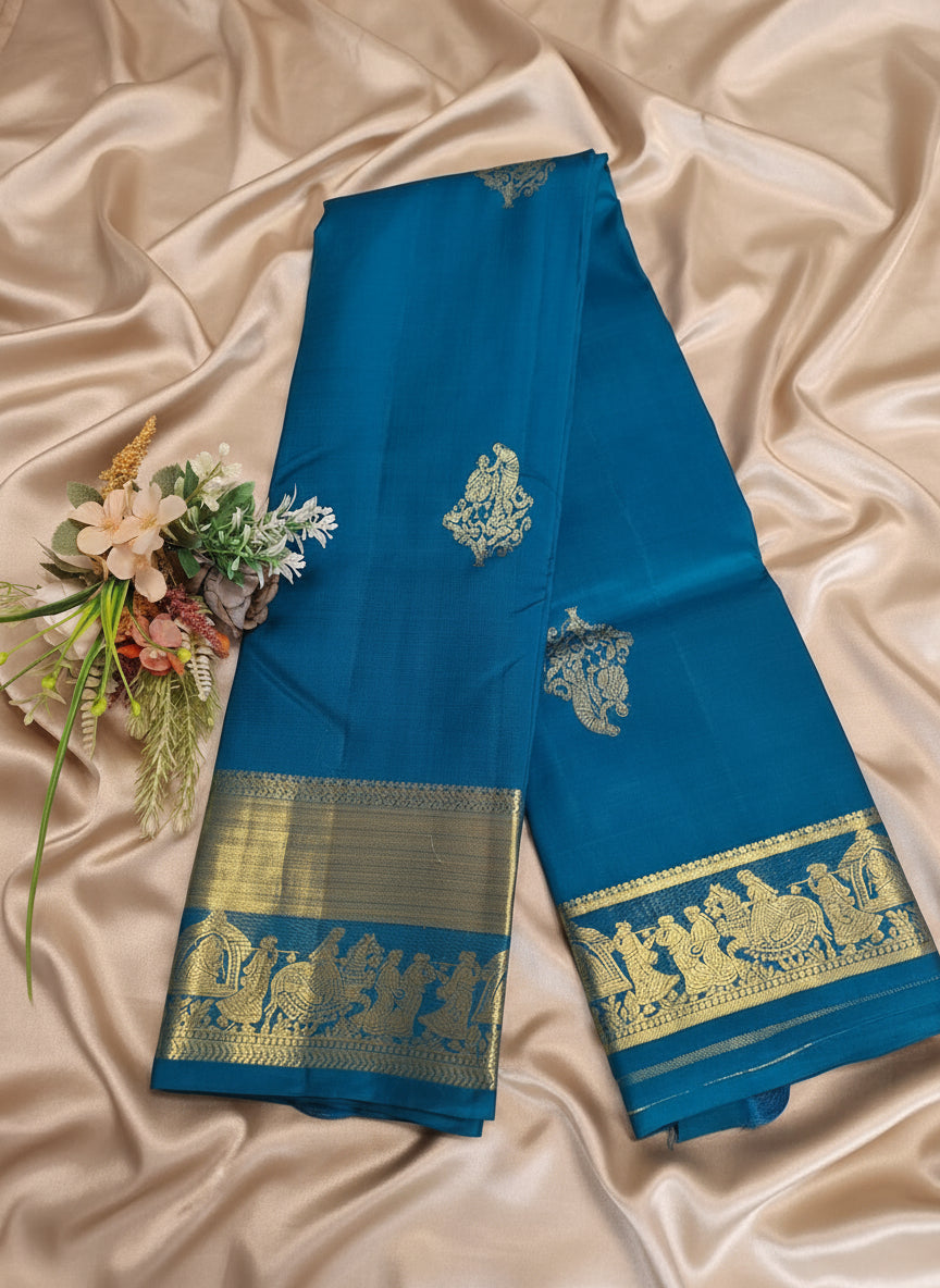 Pure Handloom Kanjeevaram Silk - Azure Blue marriage theme with golden zari border