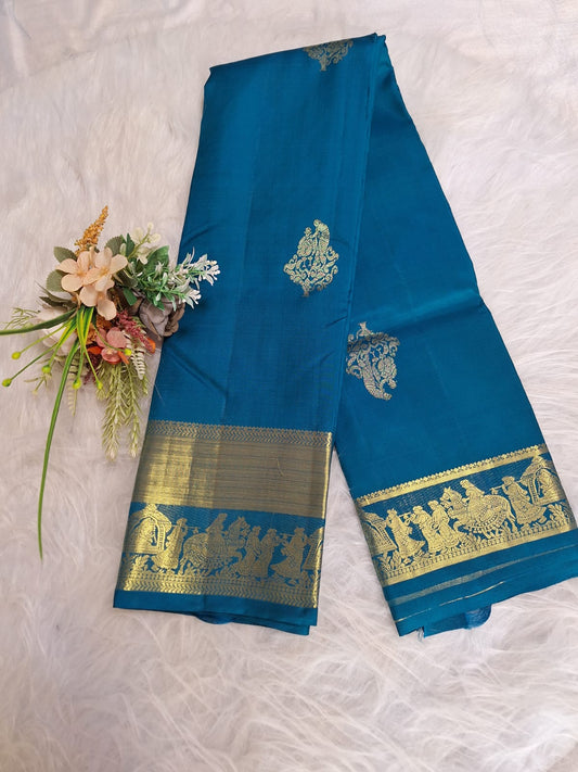Pure Handloom Kanjeevaram Silk - Azure Blue marriage theme with golden zari border