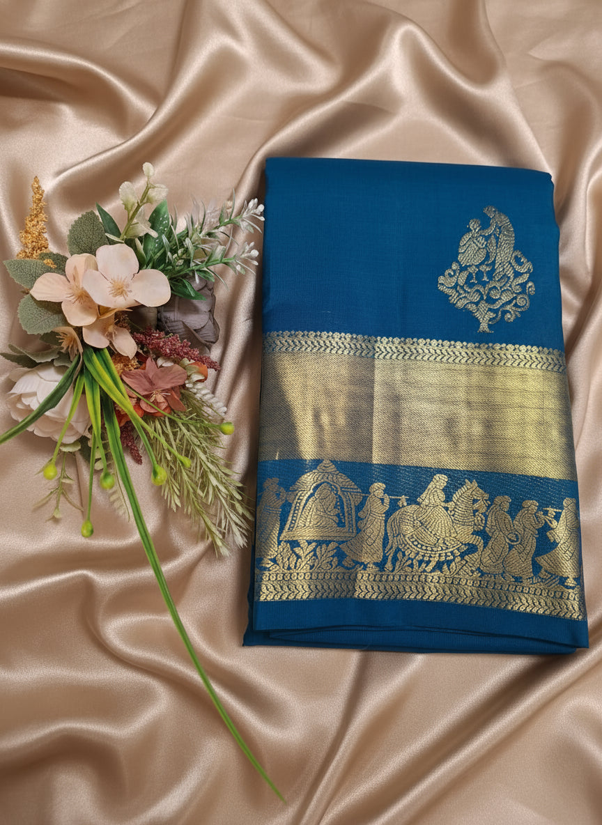 Pure Handloom Kanjeevaram Silk - Azure Blue marriage theme with golden zari border