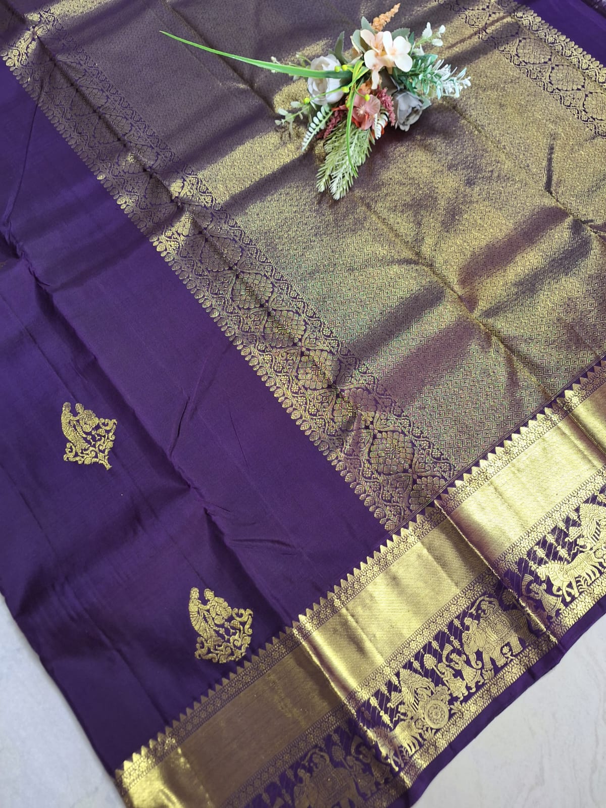 Pure Handloom Kanjeevaram Silk  - Royal Purple & Golden Zari Marriage theme