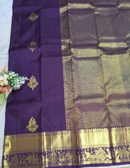 Pure Handloom Kanjeevaram Silk  - Royal Purple & Golden Zari Marriage theme