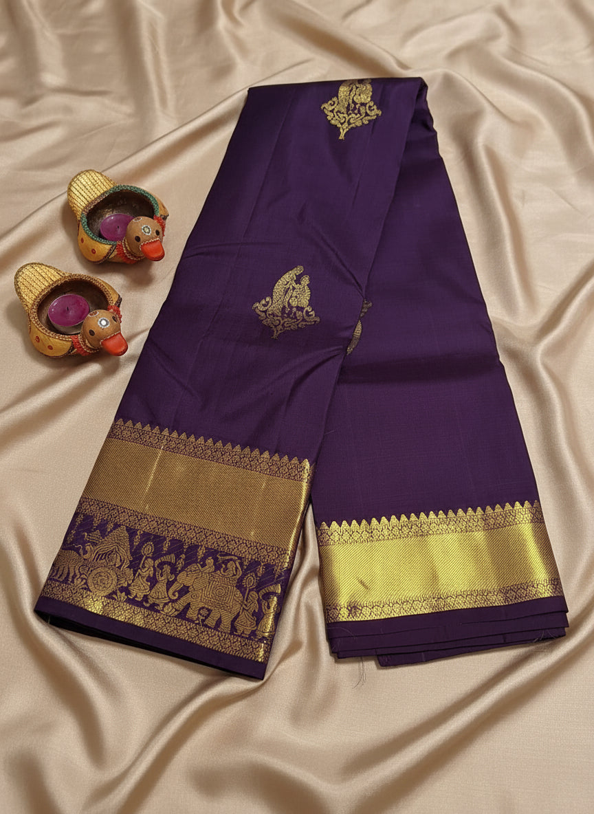 Pure Handloom Kanjeevaram Silk  - Royal Purple & Golden Zari Marriage theme