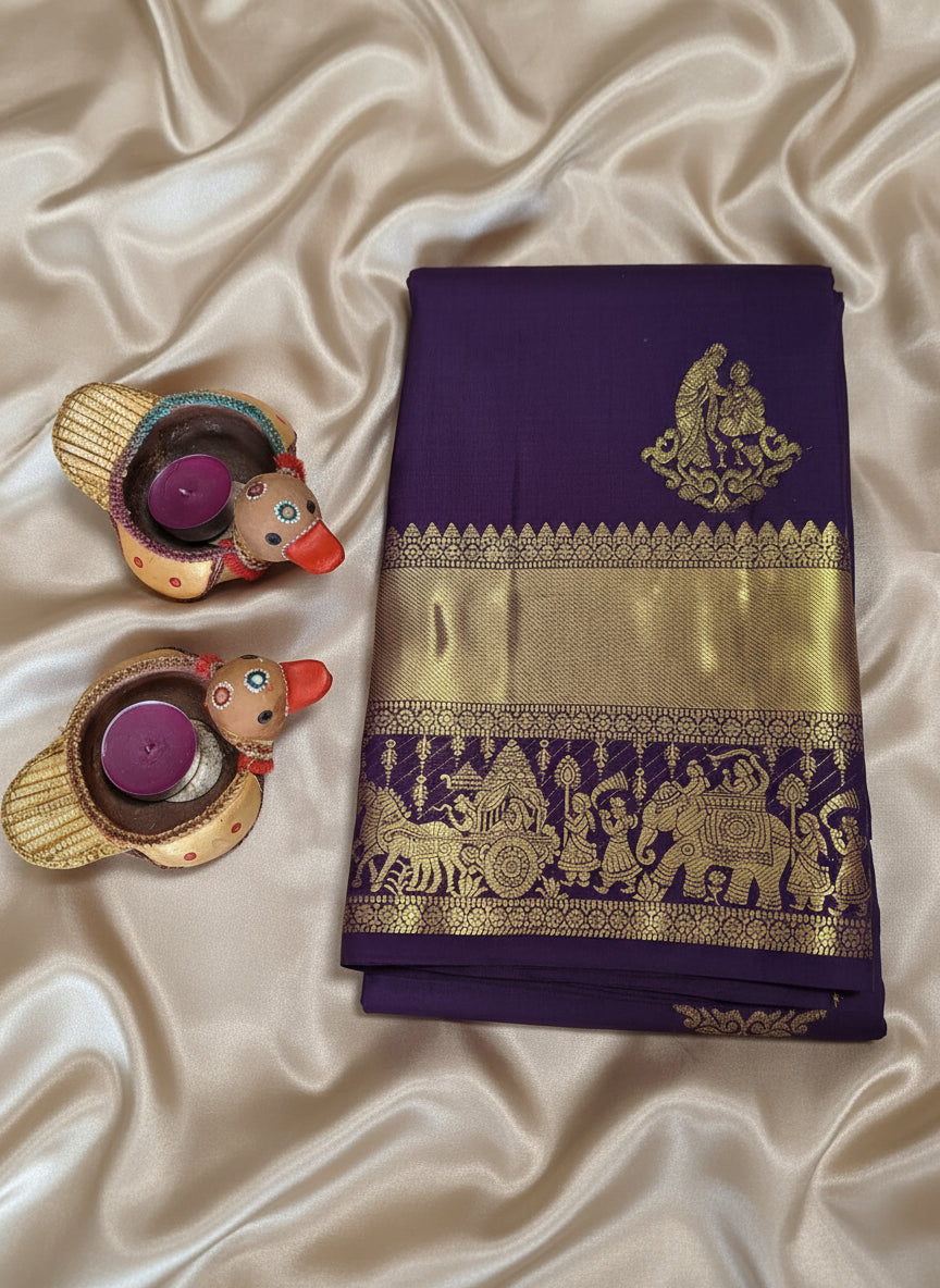 Pure Handloom Kanjeevaram Silk  - Royal Purple & Golden Zari Marriage theme