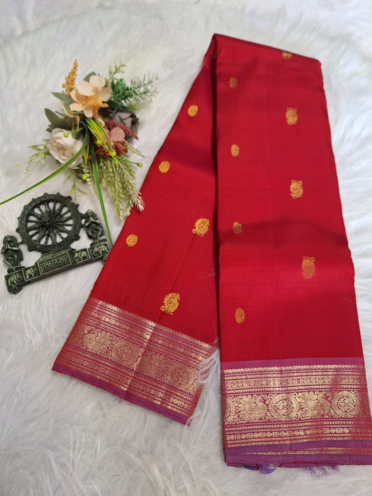 Pure Handloom Kanjeevaram Silk - Red Pink Peacock motifs & Korvai border