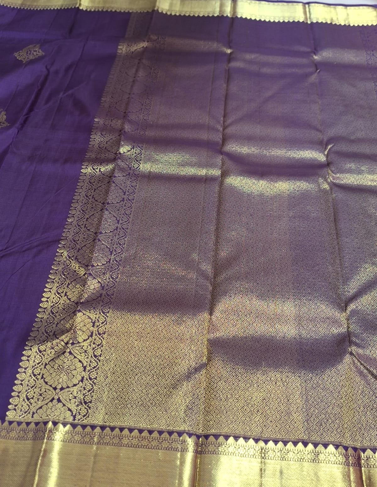 Pure Handloom Kanjeevaram Silk  - Royal Purple & Golden Zari Marriage theme