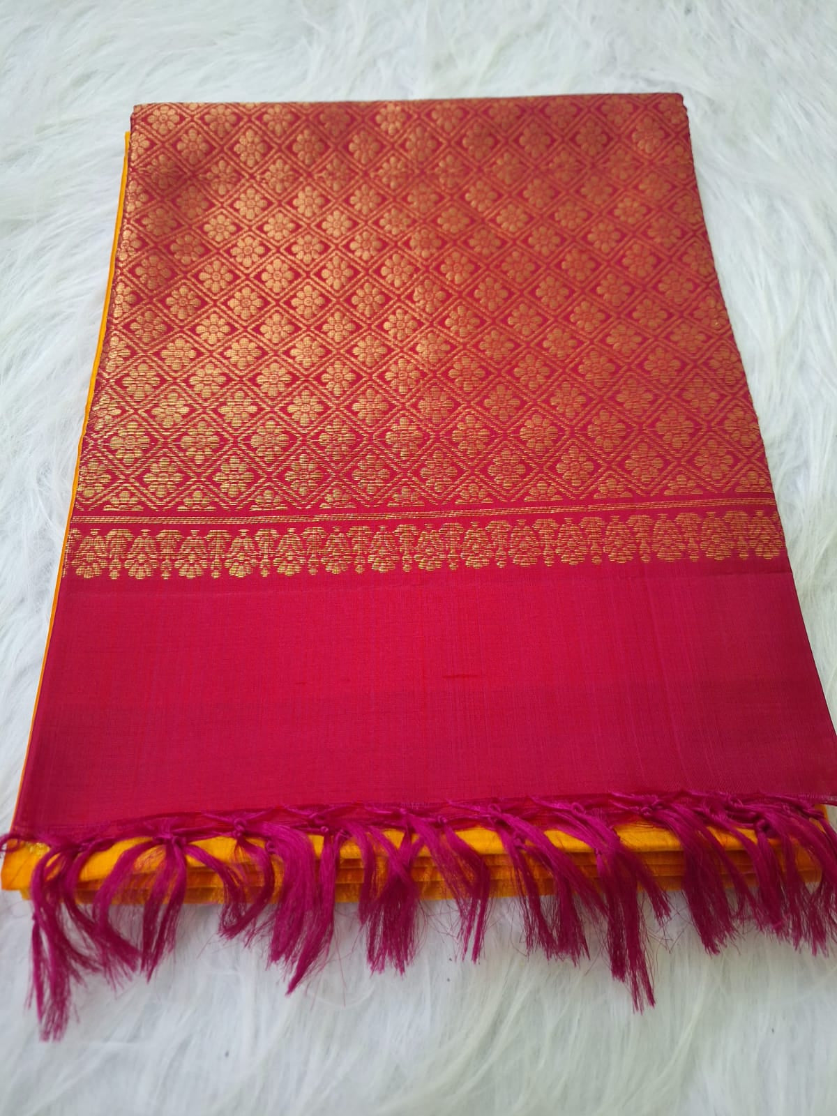 Pure Handloom Soft Silk - Yellow Pink peacock design