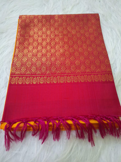 Pure Handloom Soft Silk - Yellow Pink peacock design