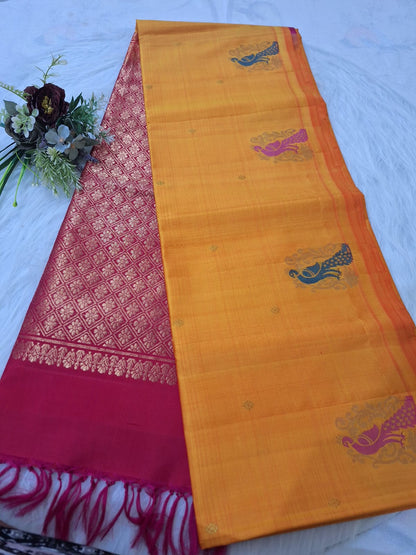 Pure Handloom Soft Silk - Yellow Pink peacock design