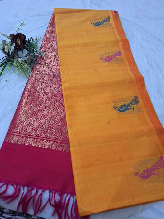Pure Handloom Soft Silk - Yellow Pink peacock design